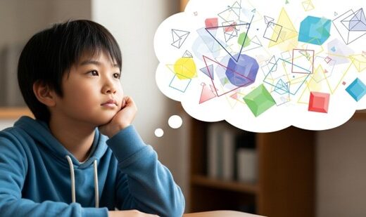 図形を想像しようとしている男の子