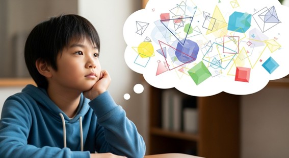 図形を想像しようとしている男の子